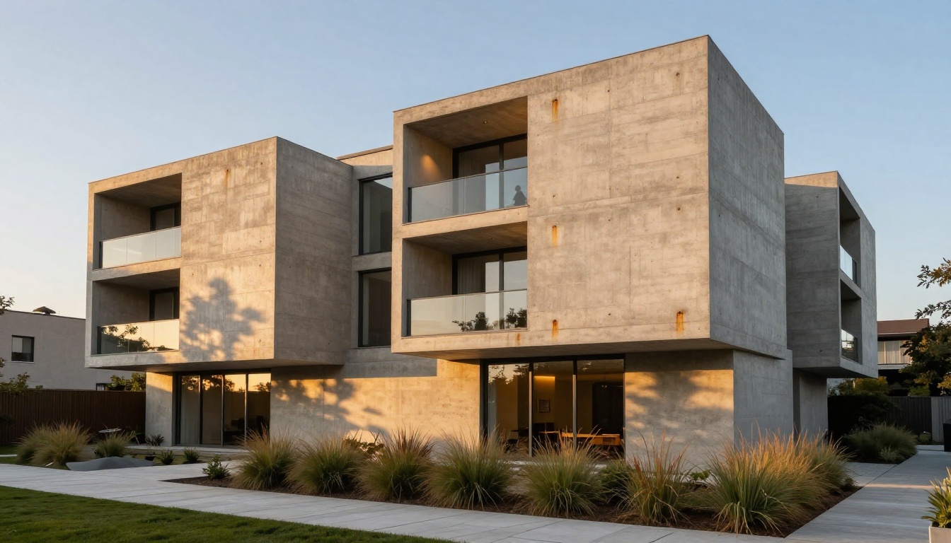 Modernist concrete building facade at golden hour with long warm shadows Modernist concrete building facade at golden hour with long warm shadows