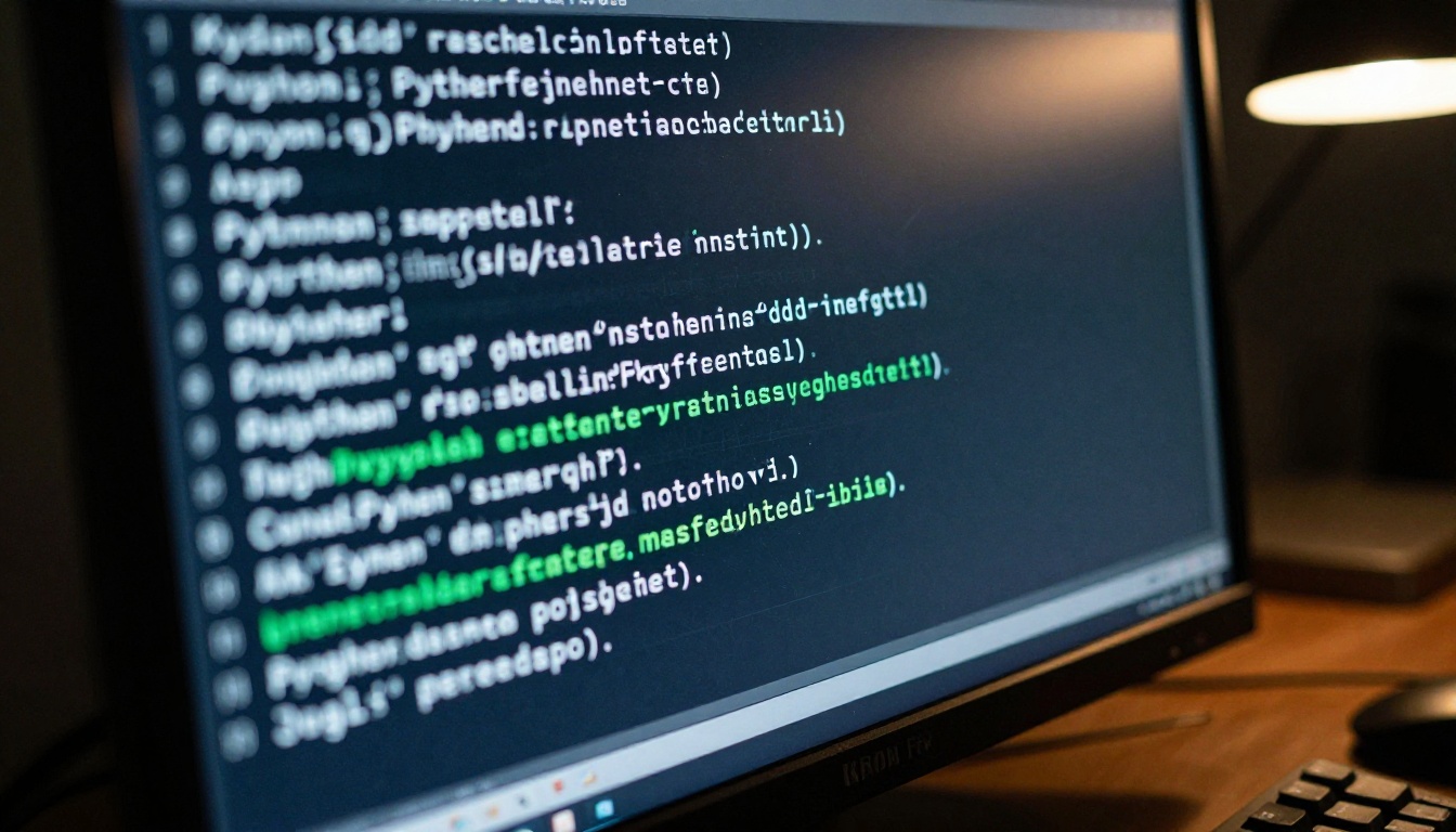 Terminal window on monitor showing Python pip install commands and green download progress bars