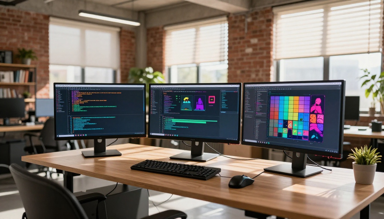 Developer workspace with multiple monitors displaying code and AI-generated image grids in an industrial loft