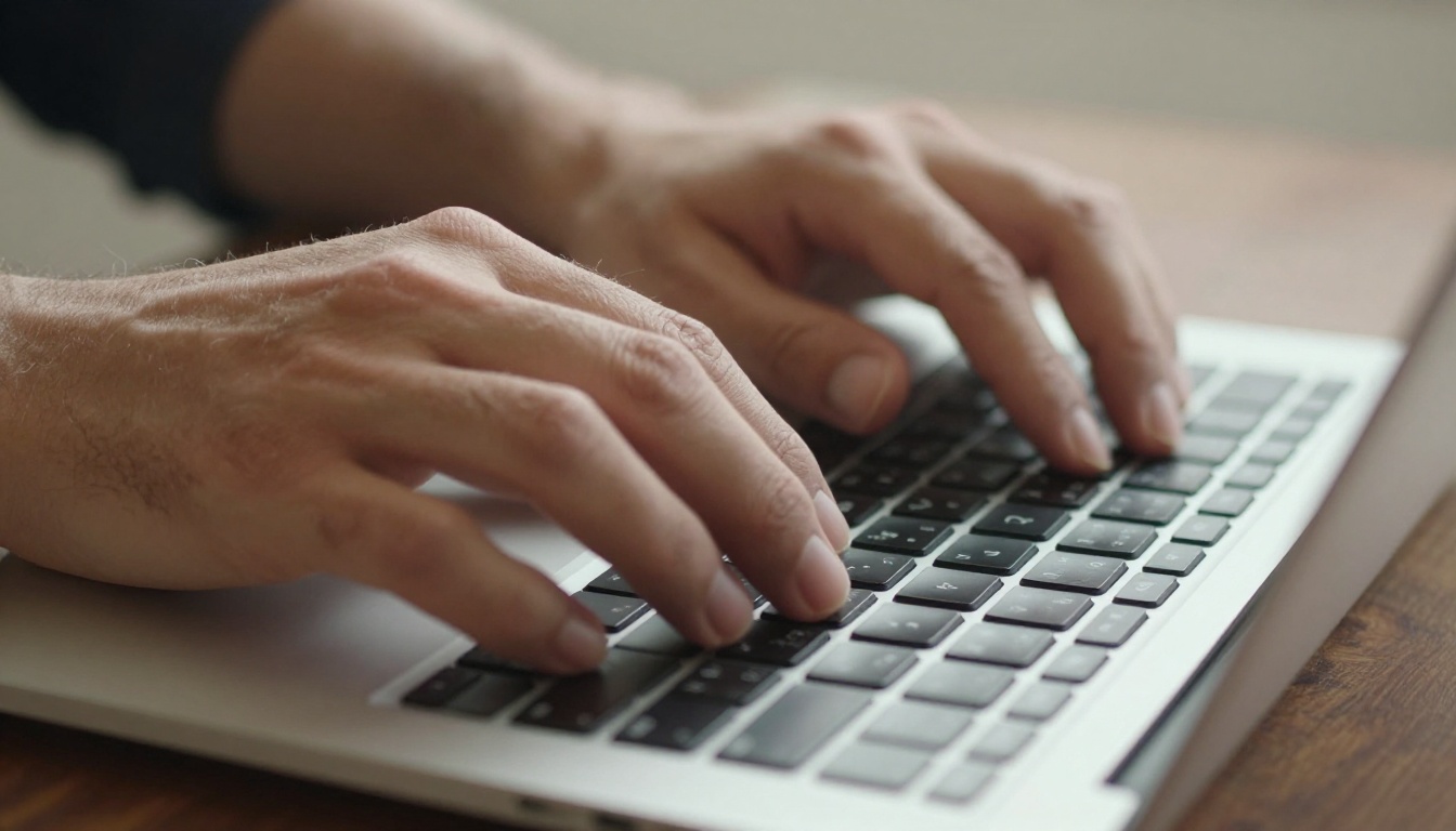 Close-up macro of hands typing on a laptop keyboard with natural skin detail Close-up macro of hands typing on a laptop keyboard with natural skin detail