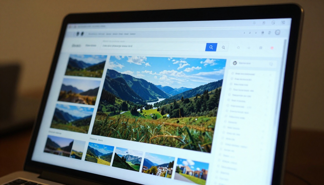 Close-up of a high-resolution monitor showing an AI image generation web interface with search toggle activated and reference image grid