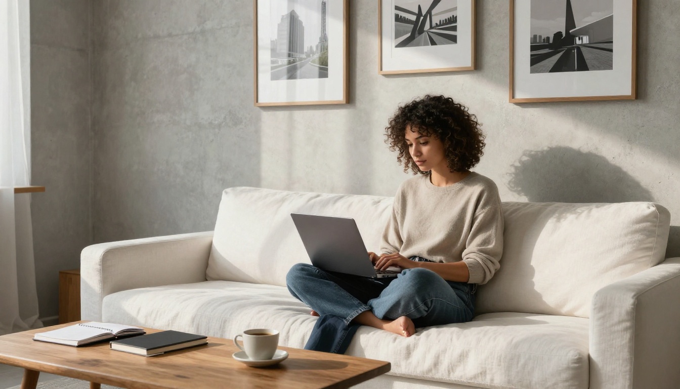 Woman with curly hair on a white couch in a creative studio, laptop showing AI-generated images