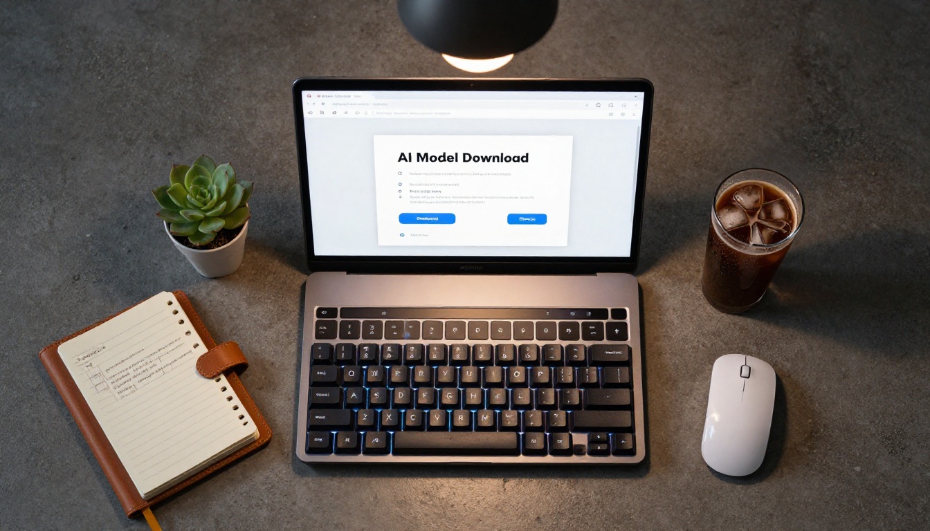Overhead flat-lay of laptop with AI model page, mechanical keyboard, notebook with prompt notes, and iced coffee on dark concrete
