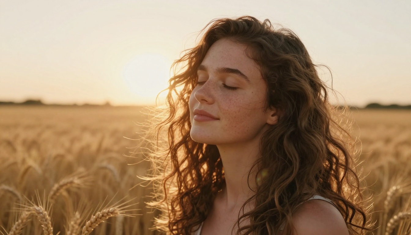 Close-up portrait of a woman in a golden wheat field at magic hour, photorealistic with visible skin texture