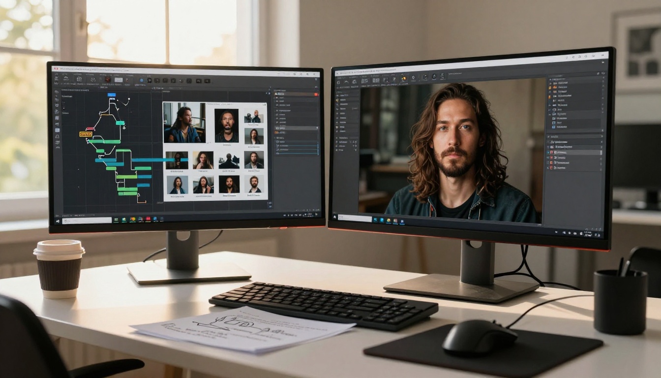 Dual-monitor ComfyUI node-based workflow interface for Flux 2 image generation