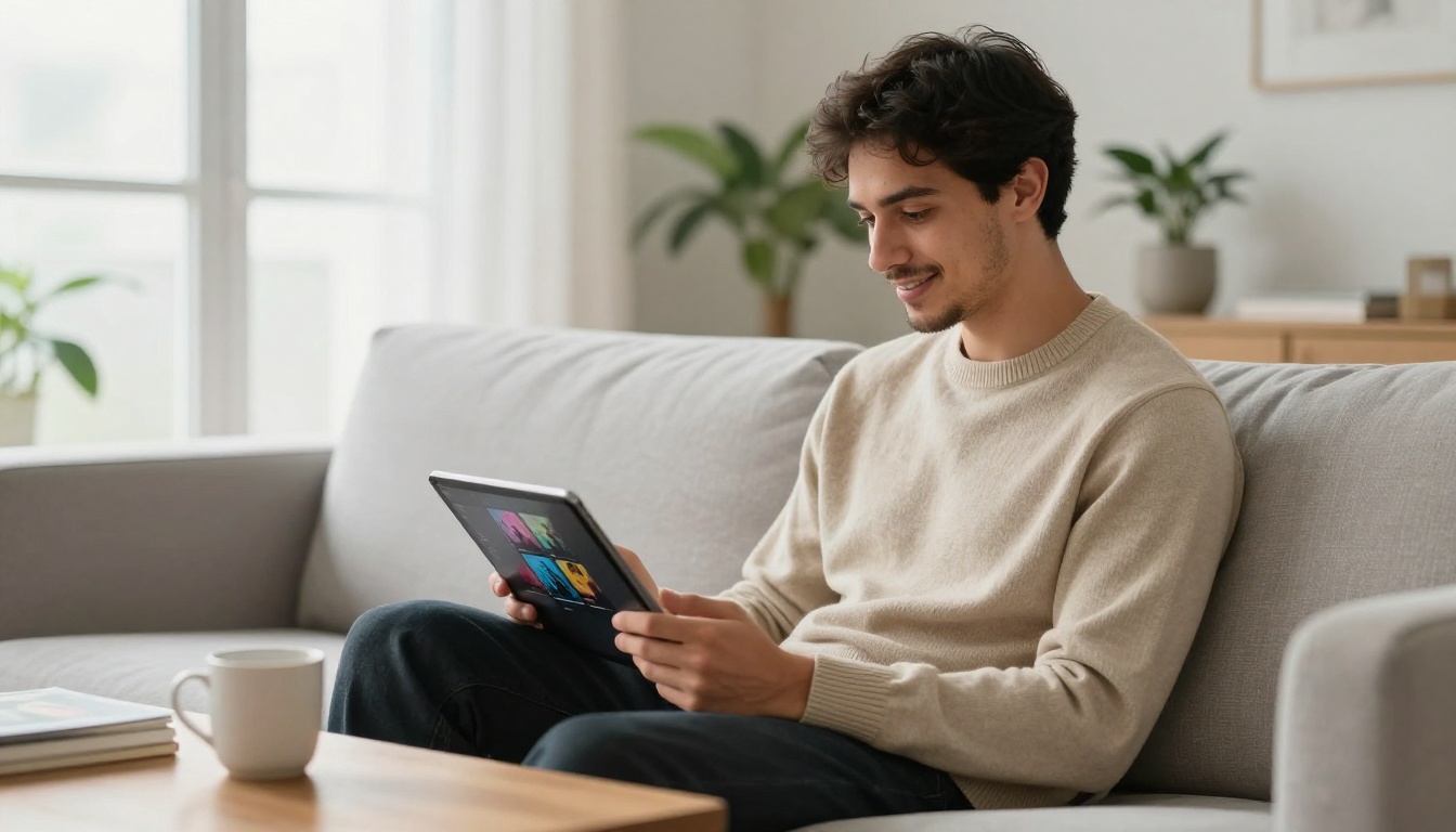 Candid lifestyle shot of young man smiling while browsing AI images on a tablet Candid lifestyle shot of young man smiling while browsing AI images on a tablet