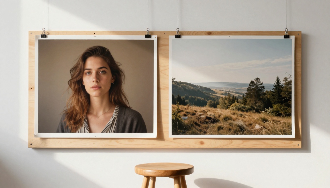 Two art prints pinned to a pine pegboard for visual comparison in a clean natural-light studio