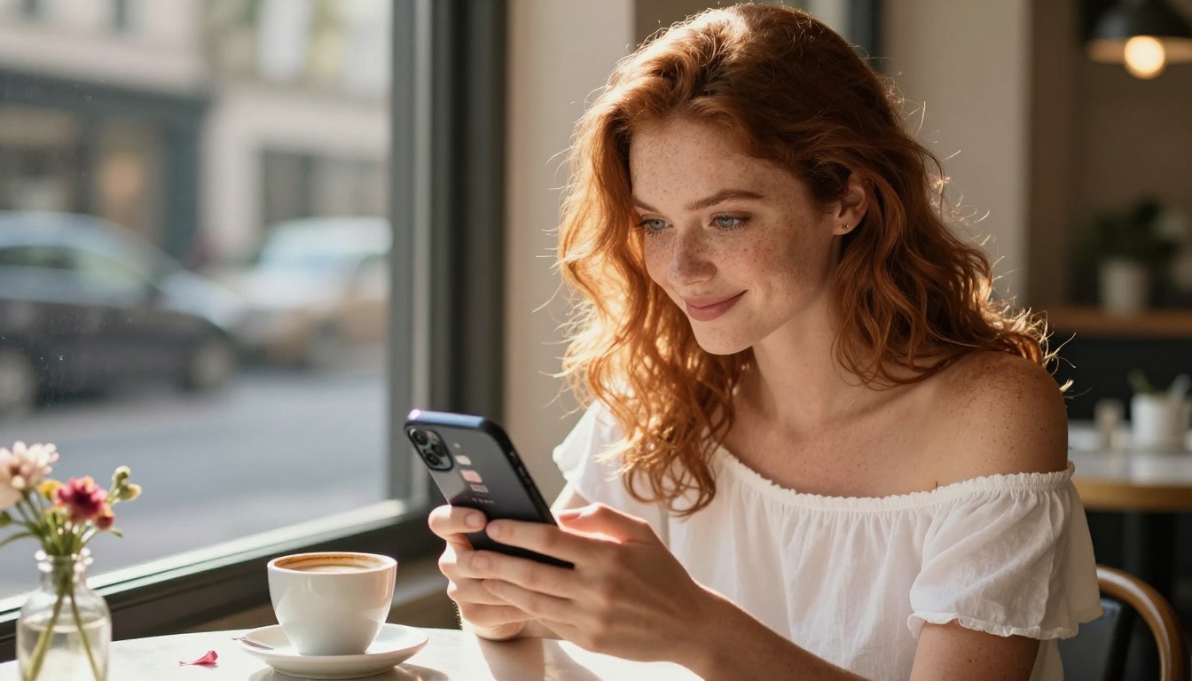 Portrait of a woman with auburn hair smiling while using an AI image generation app on her smartphone at a sunlit cafe
