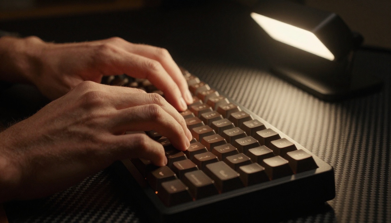 Extreme close-up of hands typing on a mechanical keyboard with motion blur, warm amber cinematic lighting