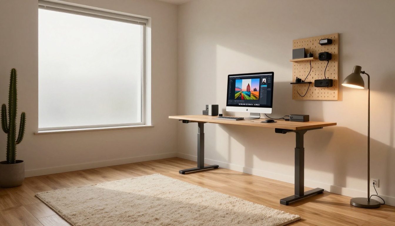 Wide shot of a minimalist home office with standing desk, monitor showing split-screen web search and AI image canvas, morning light