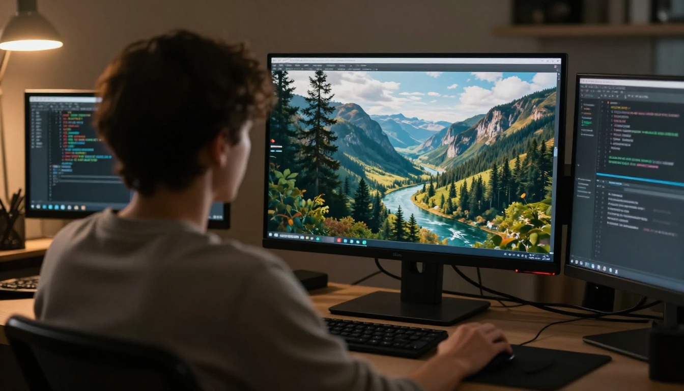 Over-the-shoulder view of a person reviewing Flux 2 generated images on a workstation monitor