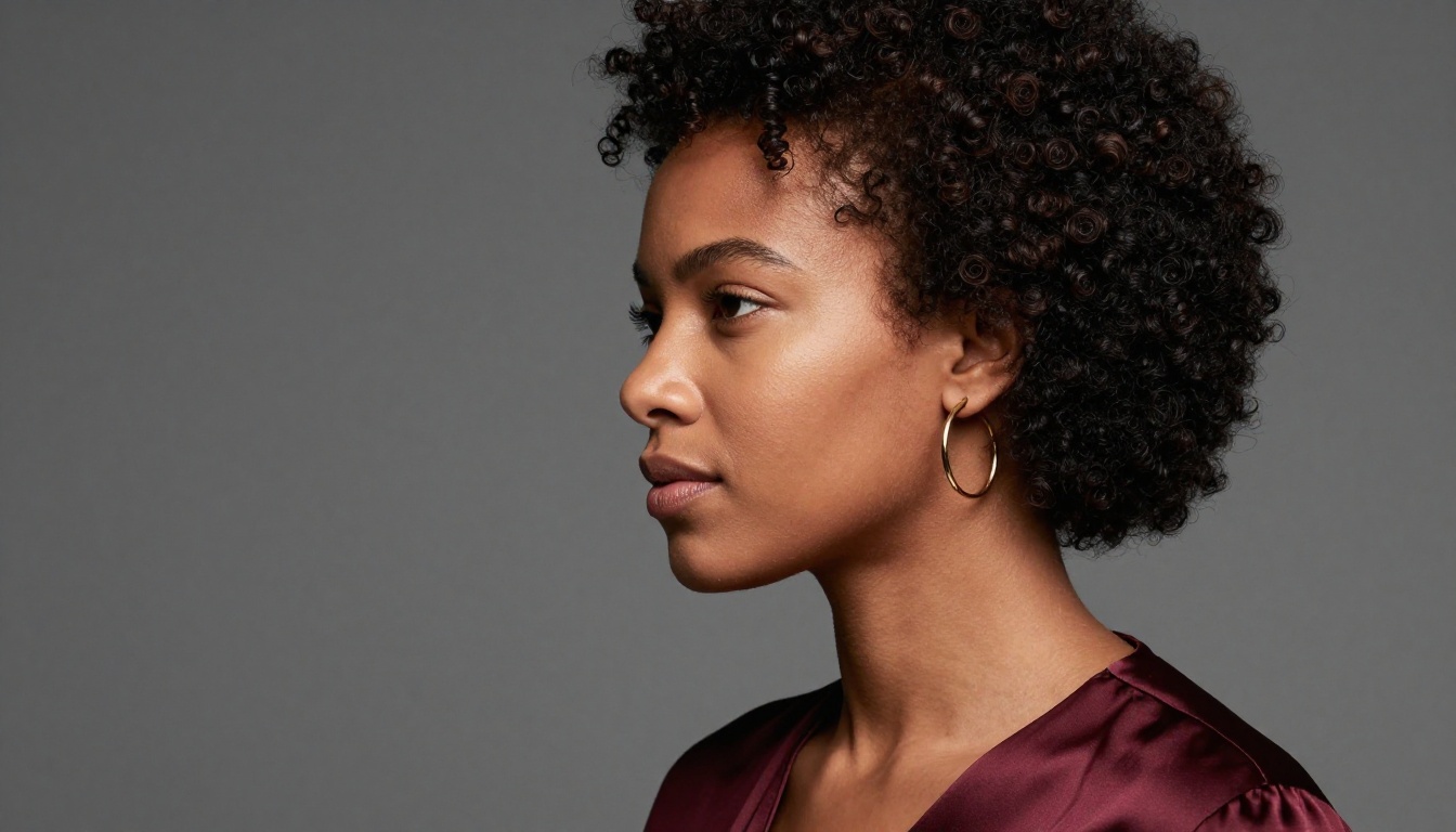 Side-profile beauty portrait of a woman with natural afro and burgundy silk blouse Side-profile beauty portrait of a woman with natural afro and burgundy silk blouse