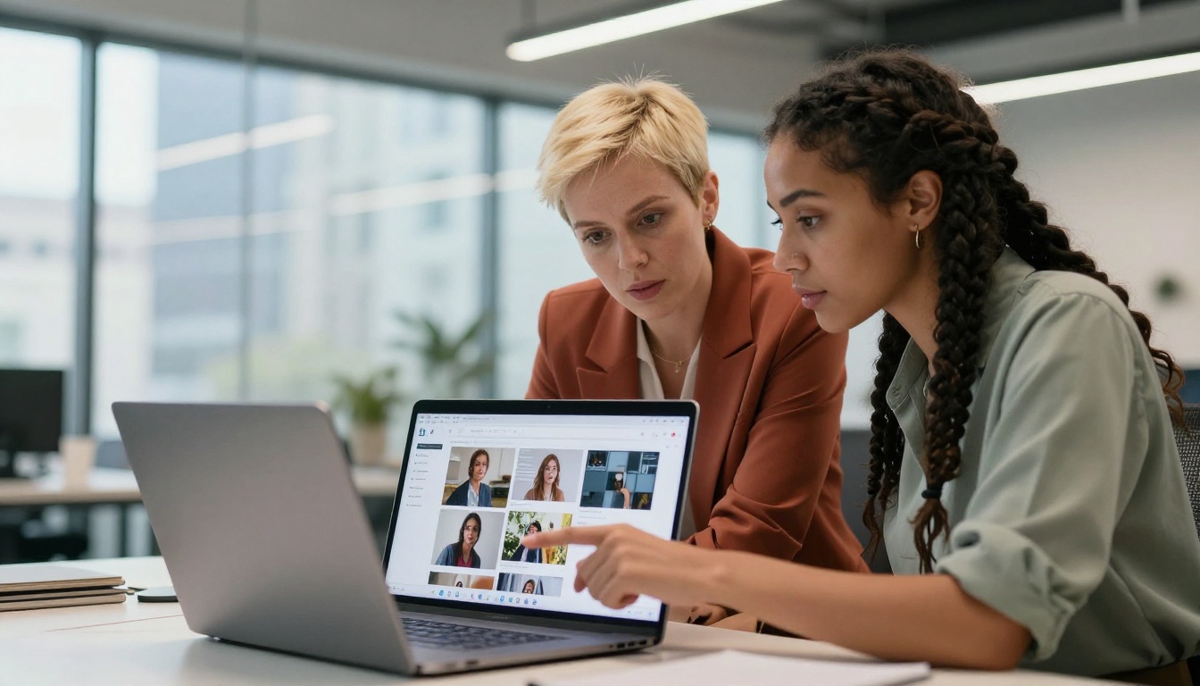 Two women collaborating at a shared desk, both engaged in discussion while reviewing AI image generation results on a laptop