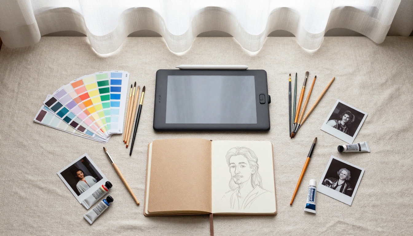 Overhead flat-lay of an artist's workspace with brushes, a drawing tablet, color swatches, and sketch notebooks on linen Overhead flat-lay of an artist's workspace with brushes, a drawing tablet, color swatches, and sketch notebooks on linen