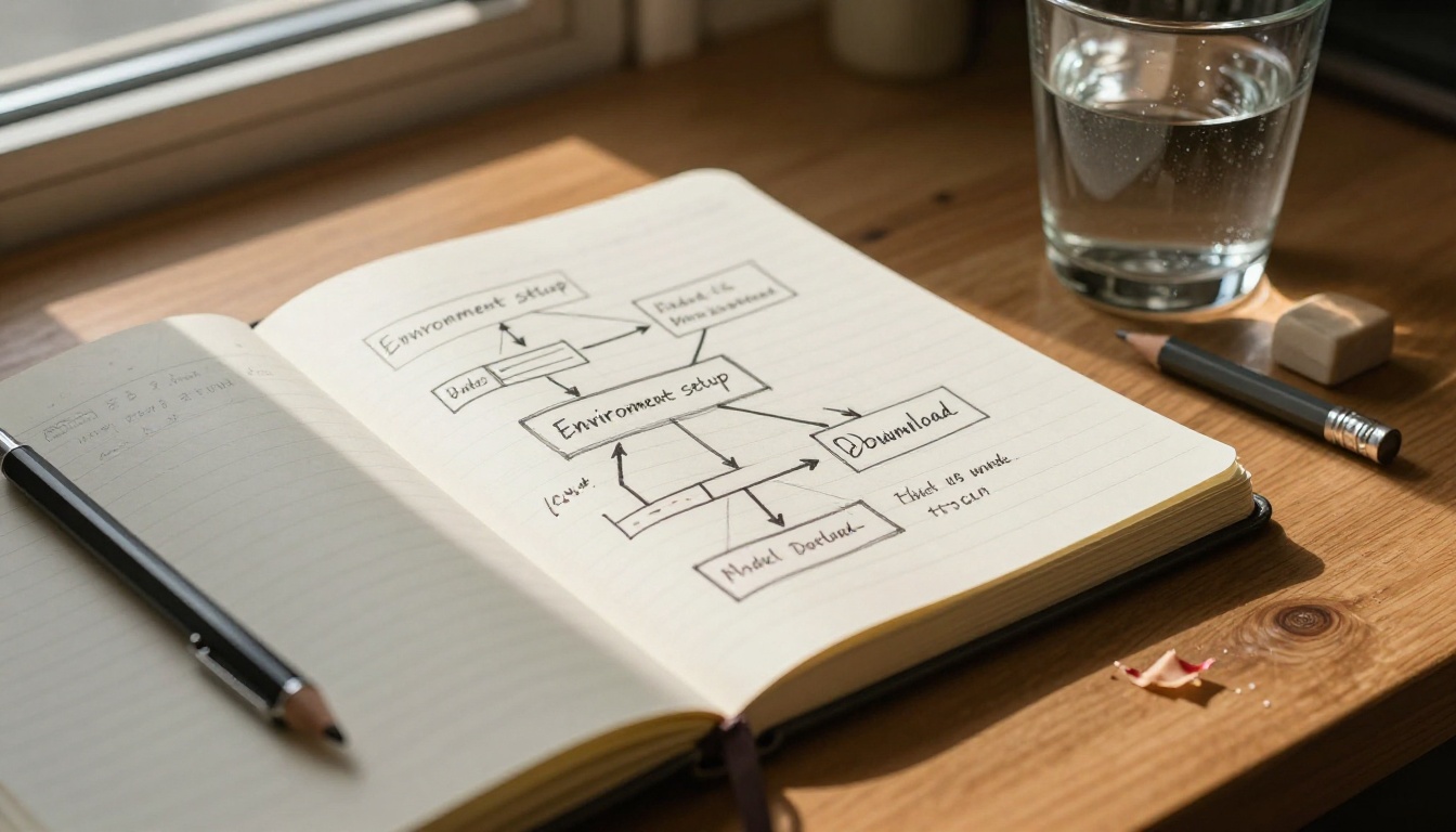 Open notebook with handwritten installation flowchart showing steps for Flux 2 local setup