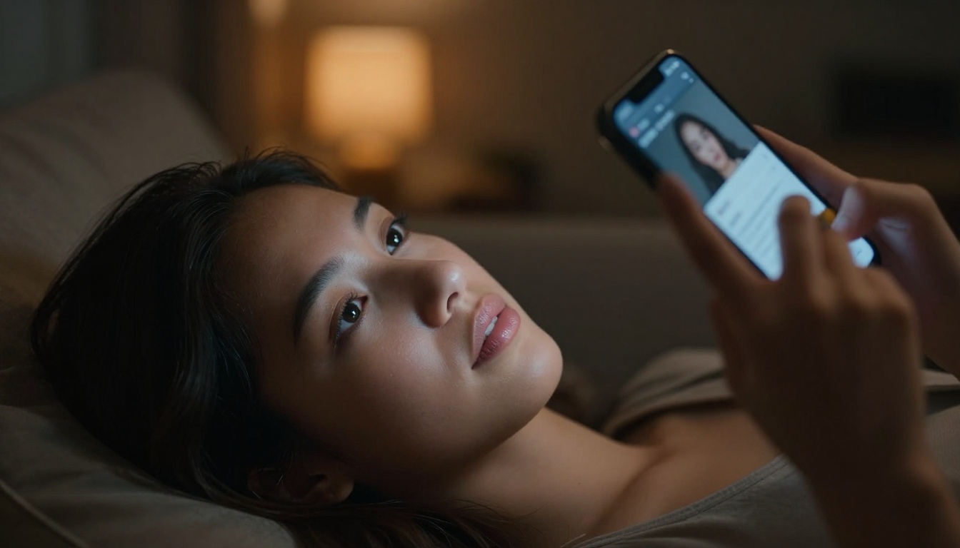 Young woman lying on a sofa at night, face illuminated by smartphone screen showing an AI image generation interface