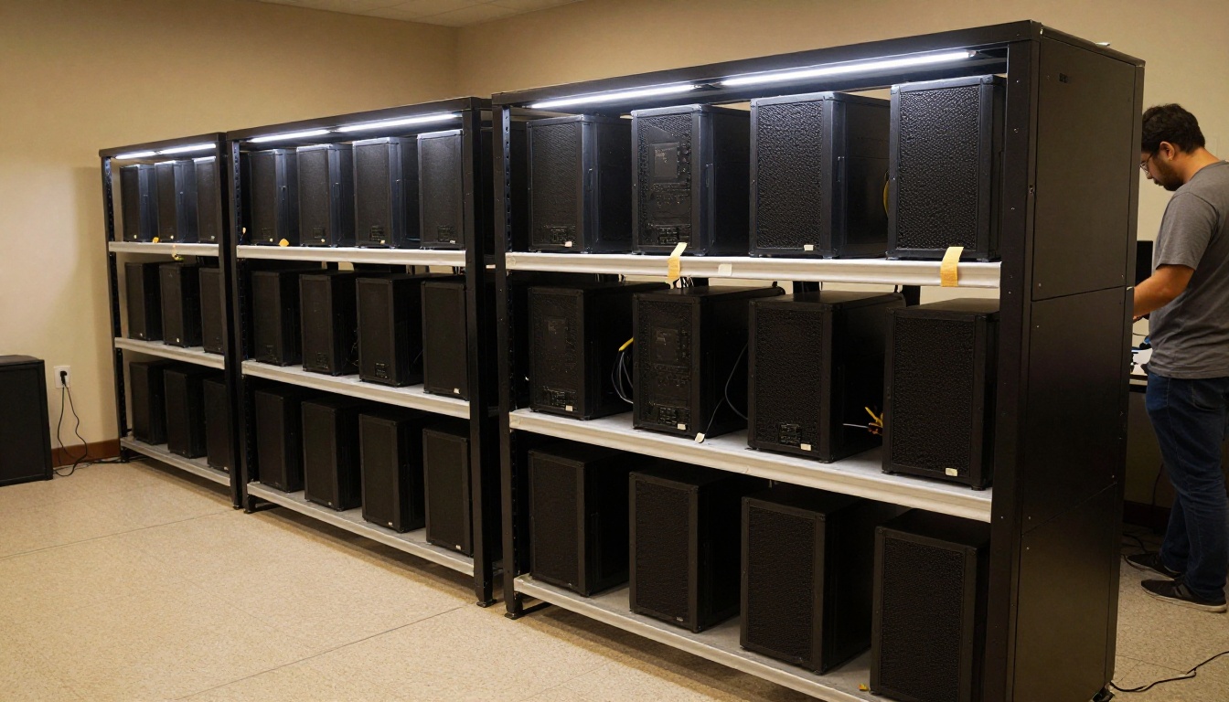 Home server lab with multiple GPU-equipped computers arranged on wire shelving racks with cable management