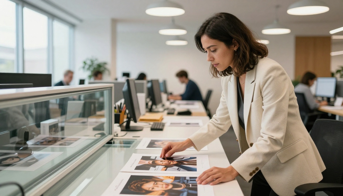 A professional creative director examining large format prints on a light table in a modern bright office A professional creative director examining large format prints on a light table in a modern bright office