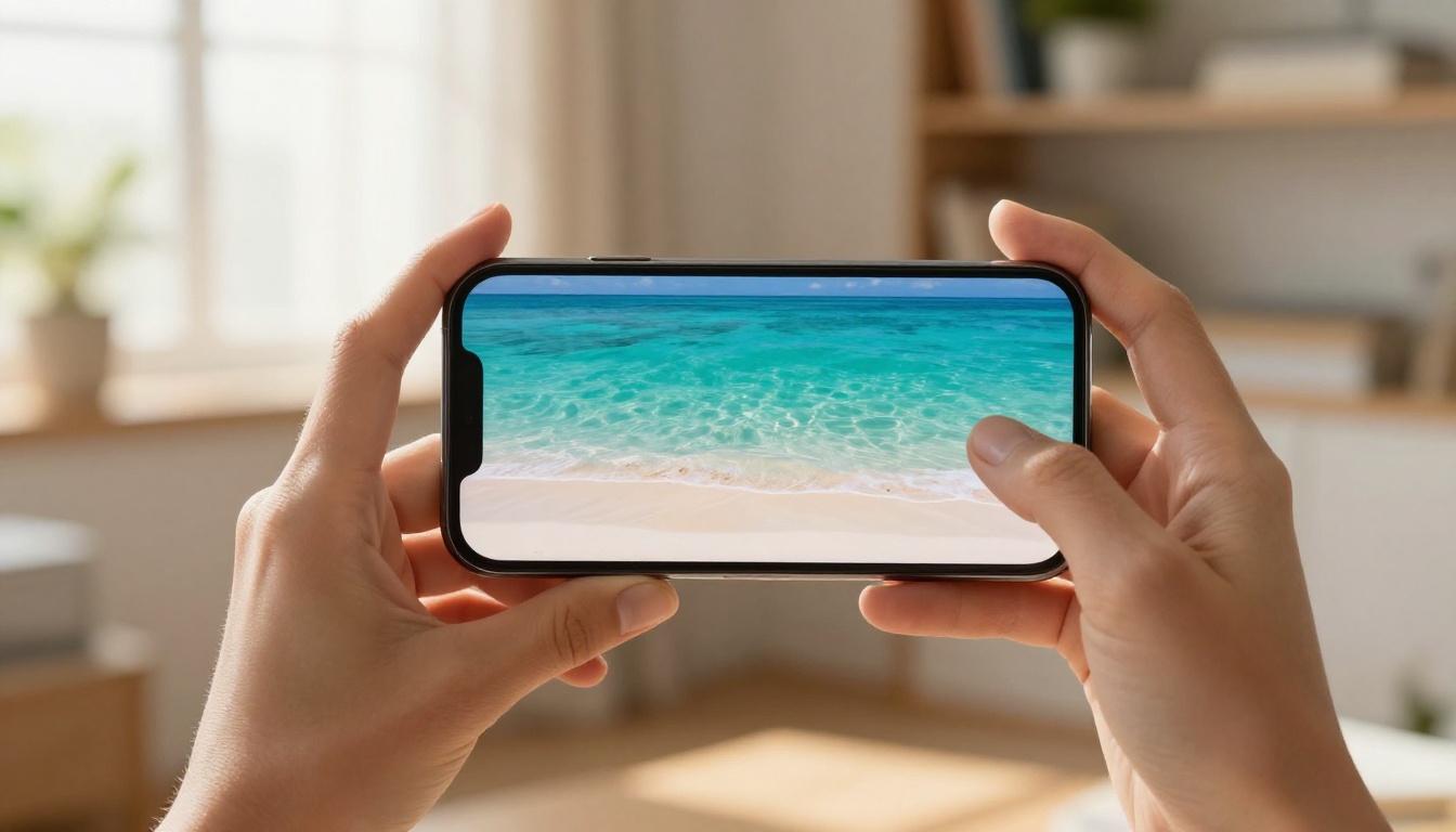 Feminine hands holding a smartphone displaying a vibrant AI-generated tropical beach image, warm afternoon light Feminine hands holding a smartphone displaying a vibrant AI-generated tropical beach image, warm afternoon light