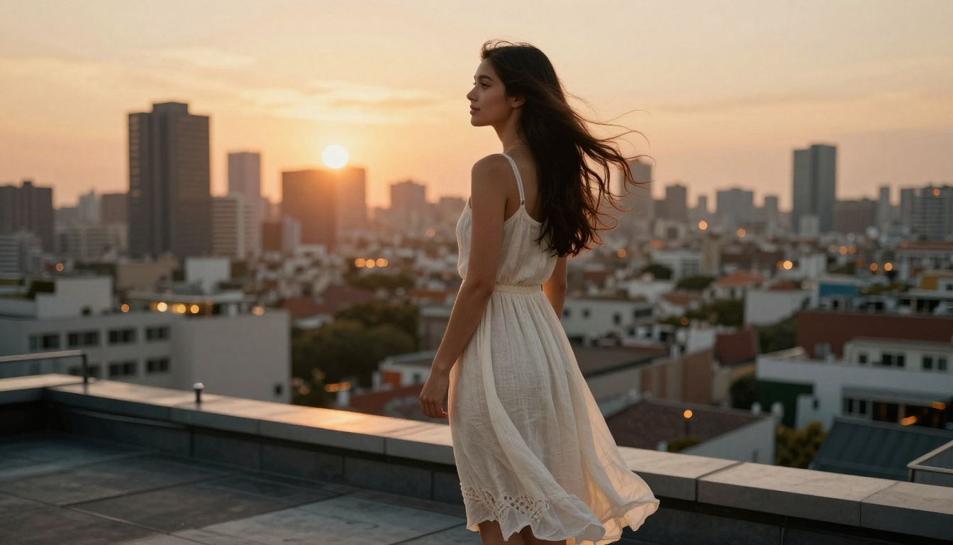 A woman in a flowing ivory dress standing on a rooftop terrace at golden hour, overlooking a glowing city skyline A woman in a flowing ivory dress standing on a rooftop terrace at golden hour, overlooking a glowing city skyline