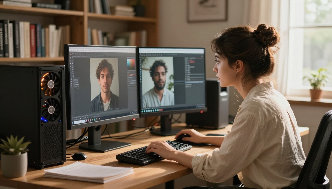 Professional content creator at desk reviewing AI-generated image outputs on dual monitors
