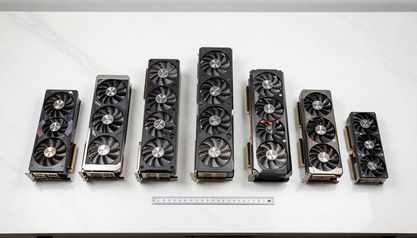Multiple GPU cards laid flat on a marble surface showing different sizes and cooler designs
