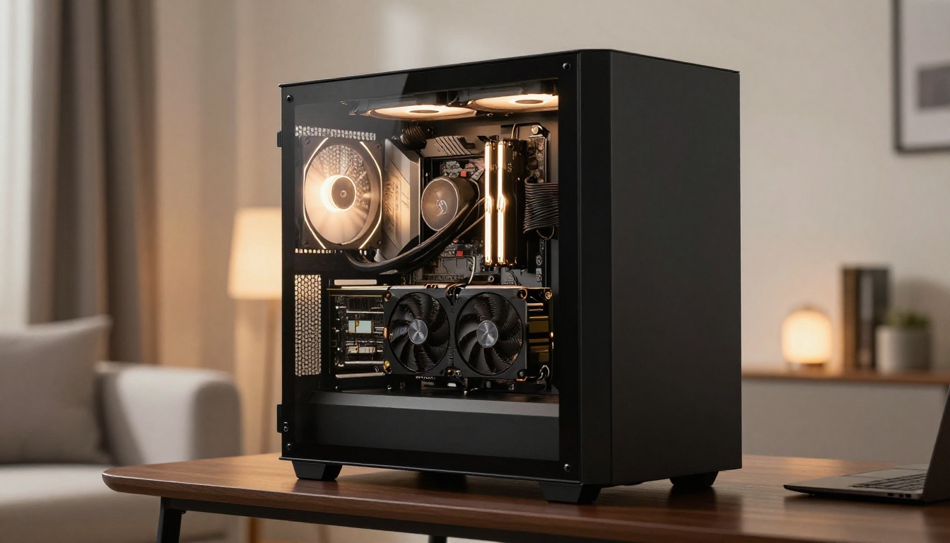 Interior of a PC case with two GPUs installed in vertical mount, LED lighting visible