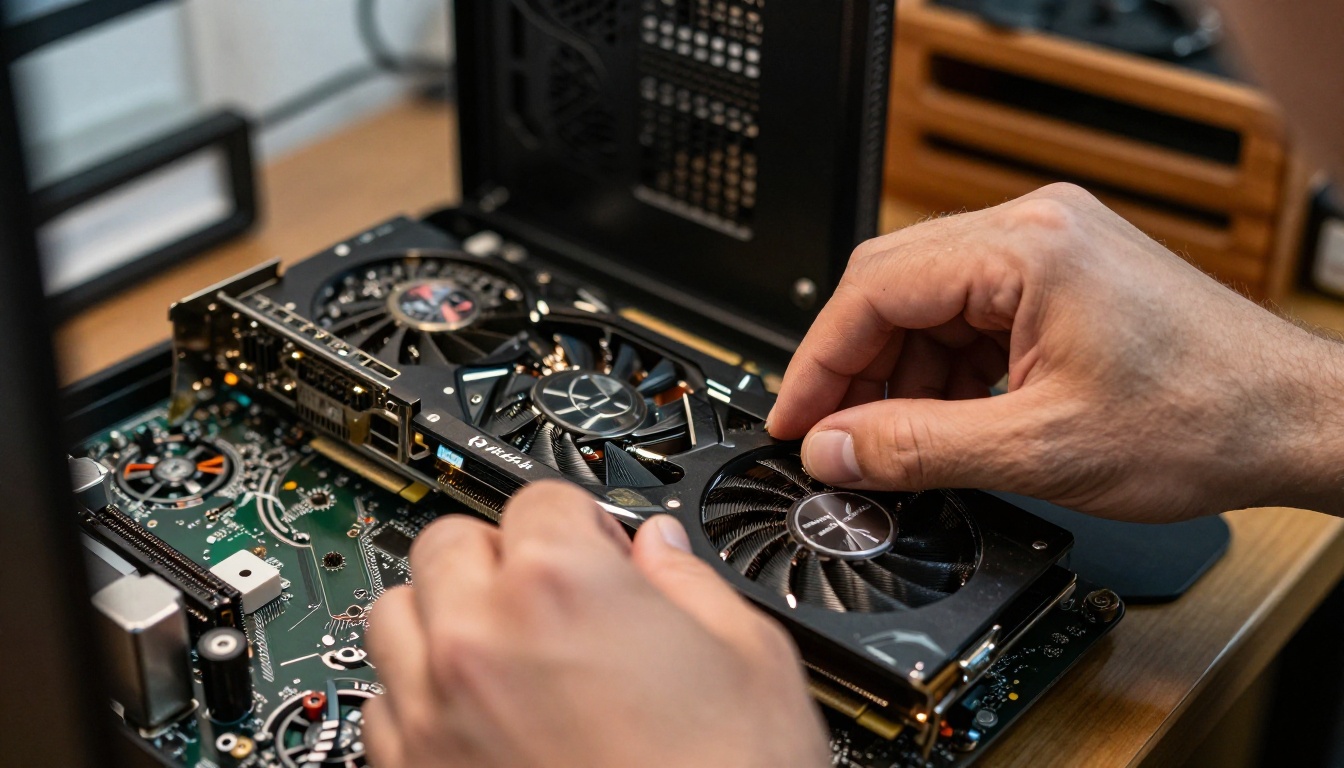 Technician hands installing an RTX GPU into a motherboard PCIe slot Technician hands installing an RTX GPU into a motherboard PCIe slot