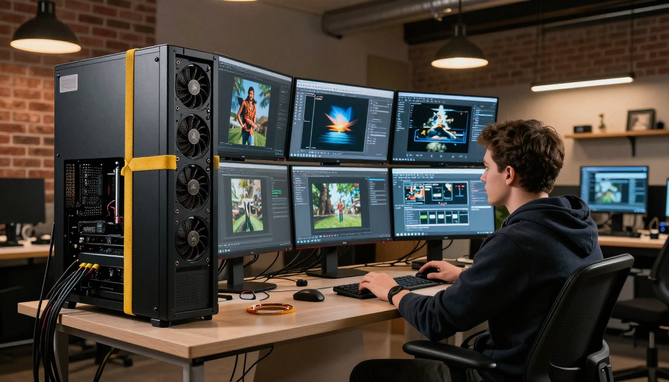 AI research workstation with multiple monitors displaying generated images and a GPU tower AI research workstation with multiple monitors displaying generated images and a GPU tower