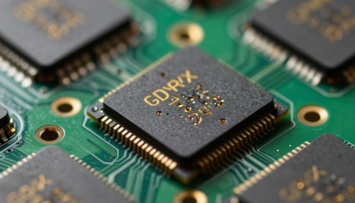 Extreme close-up of GDDR6X memory chips soldered on a GPU circuit board Extreme close-up of GDDR6X memory chips soldered on a GPU circuit board