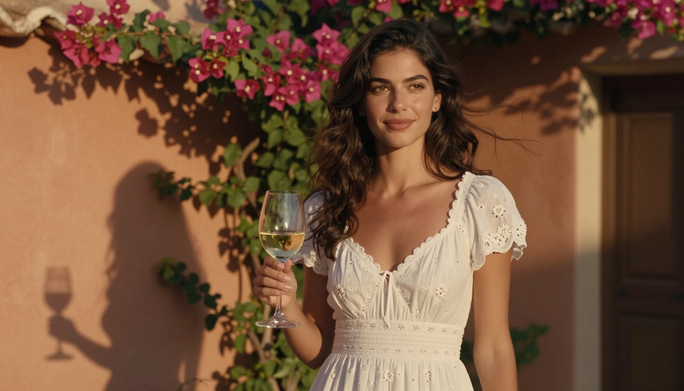 Beautiful woman in floral dress standing in a sunlit Mediterranean courtyard at golden hour Beautiful woman in floral dress standing in a sunlit Mediterranean courtyard at golden hour