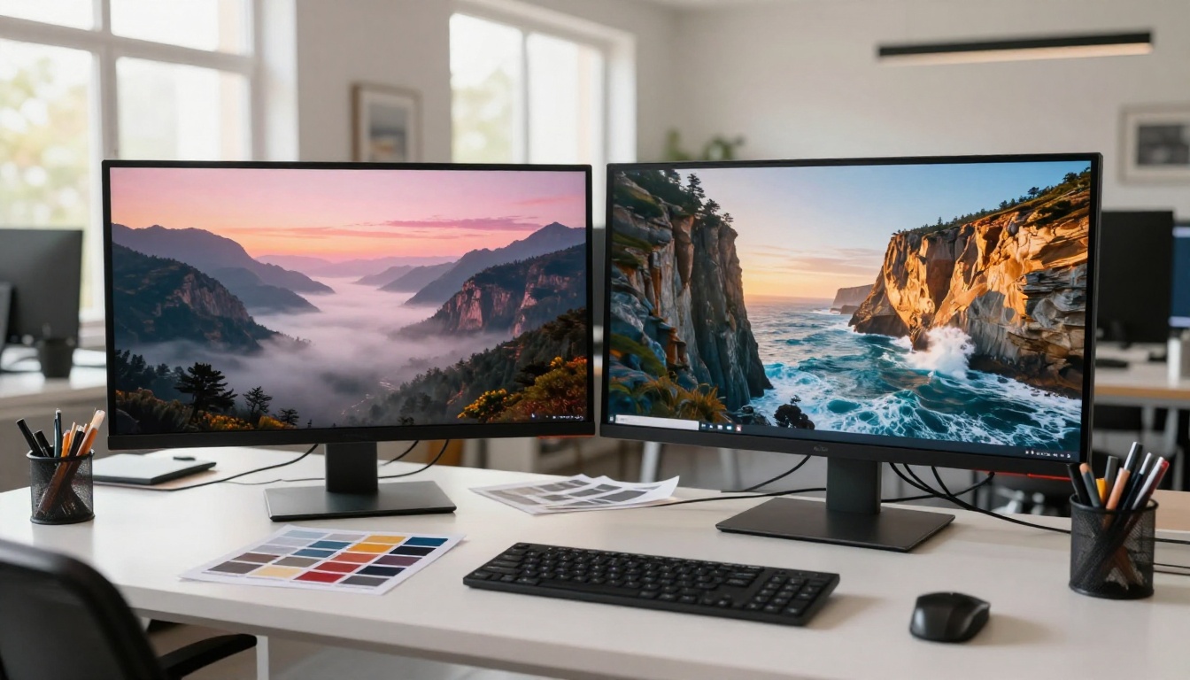 Two monitors side by side in a creative studio showing AI landscape comparison