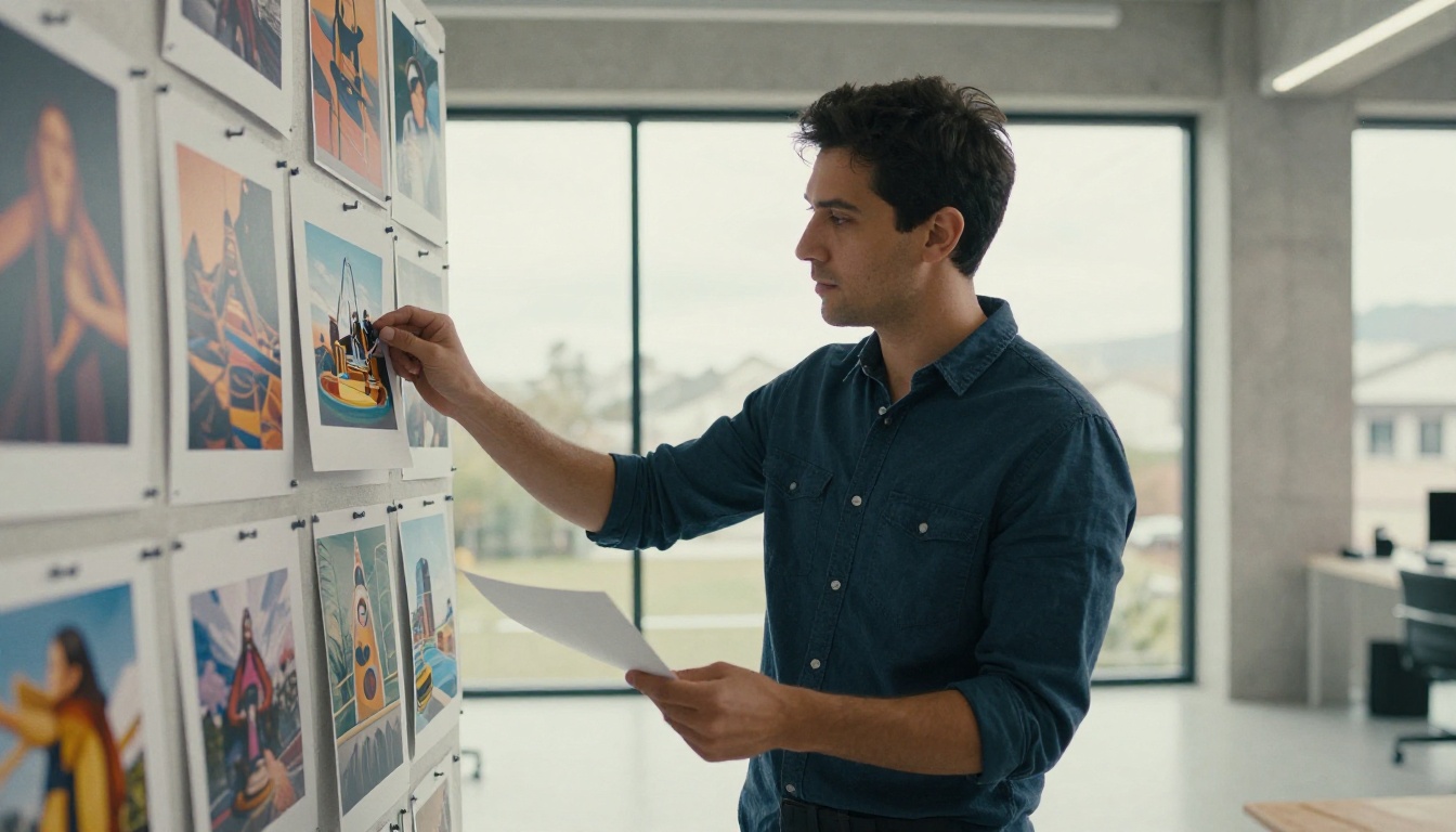 Graphic designer studying printed AI-generated images on a pinboard wall