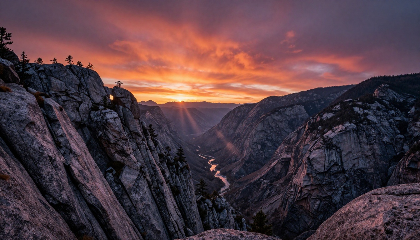 Dramatic mountain landscape at sunrise showing photorealistic atmosphere and detail