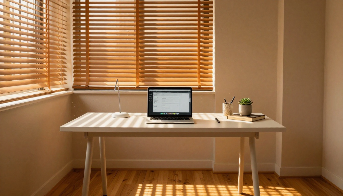 Minimalist home office at golden hour with warm natural light through blinds