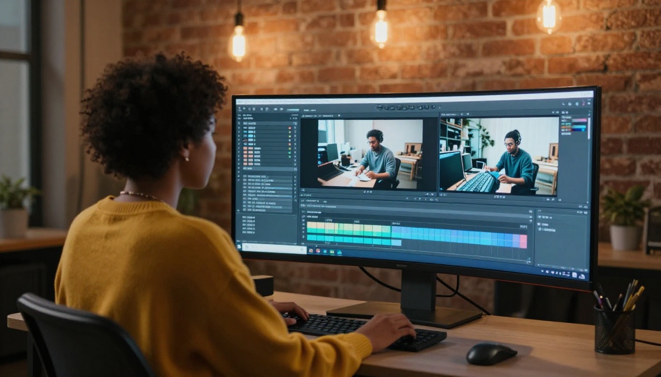 Creative professional viewing AI image comparison on an ultrawide monitor at night