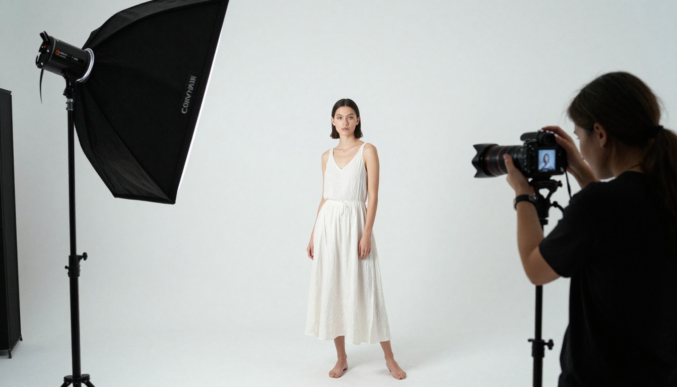 Professional photography studio with soft box lighting and model on white backdrop