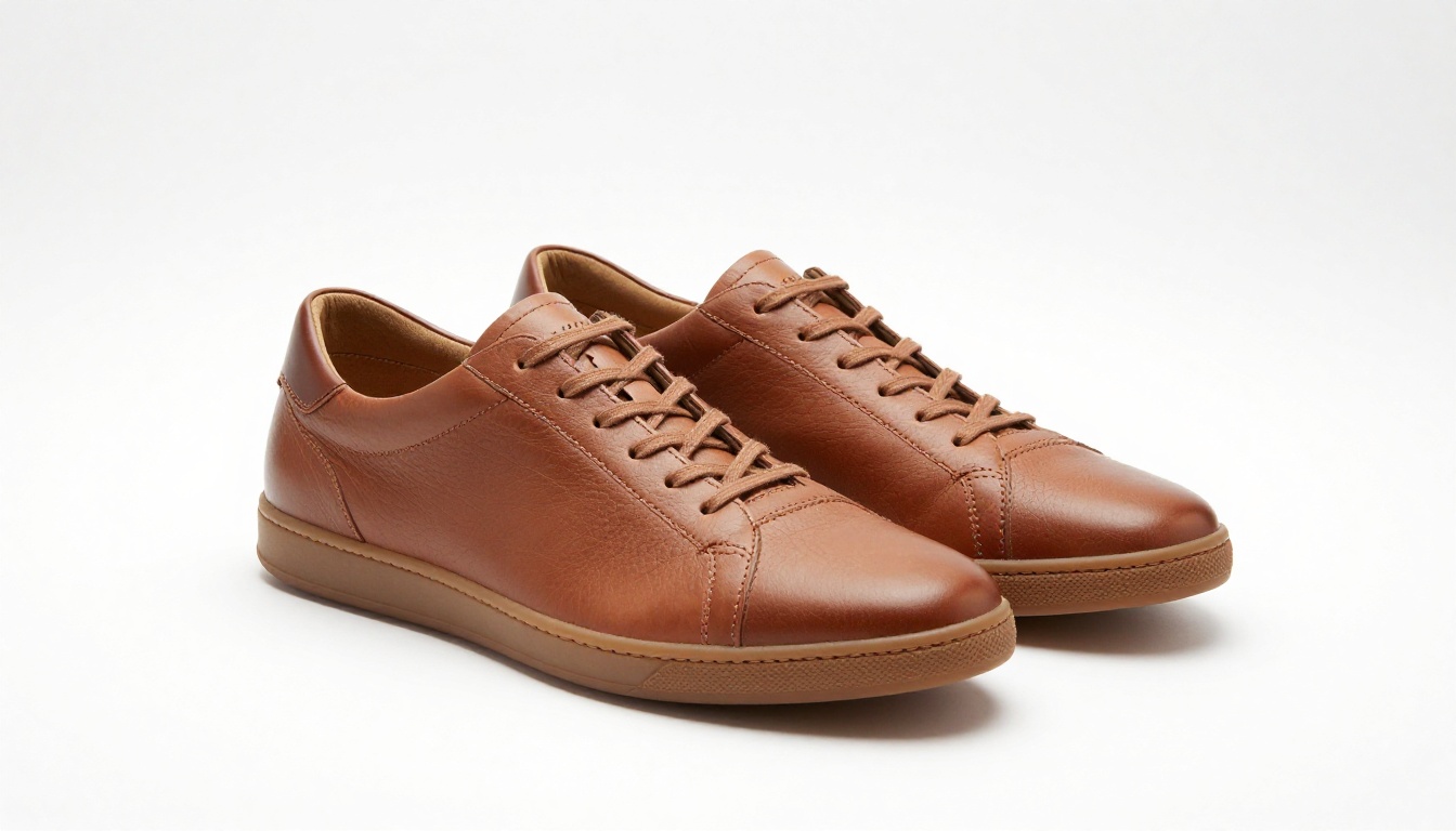 White background product photography of minimalist leather sneakers on a seamless infinity curve with dual octabox studio lighting