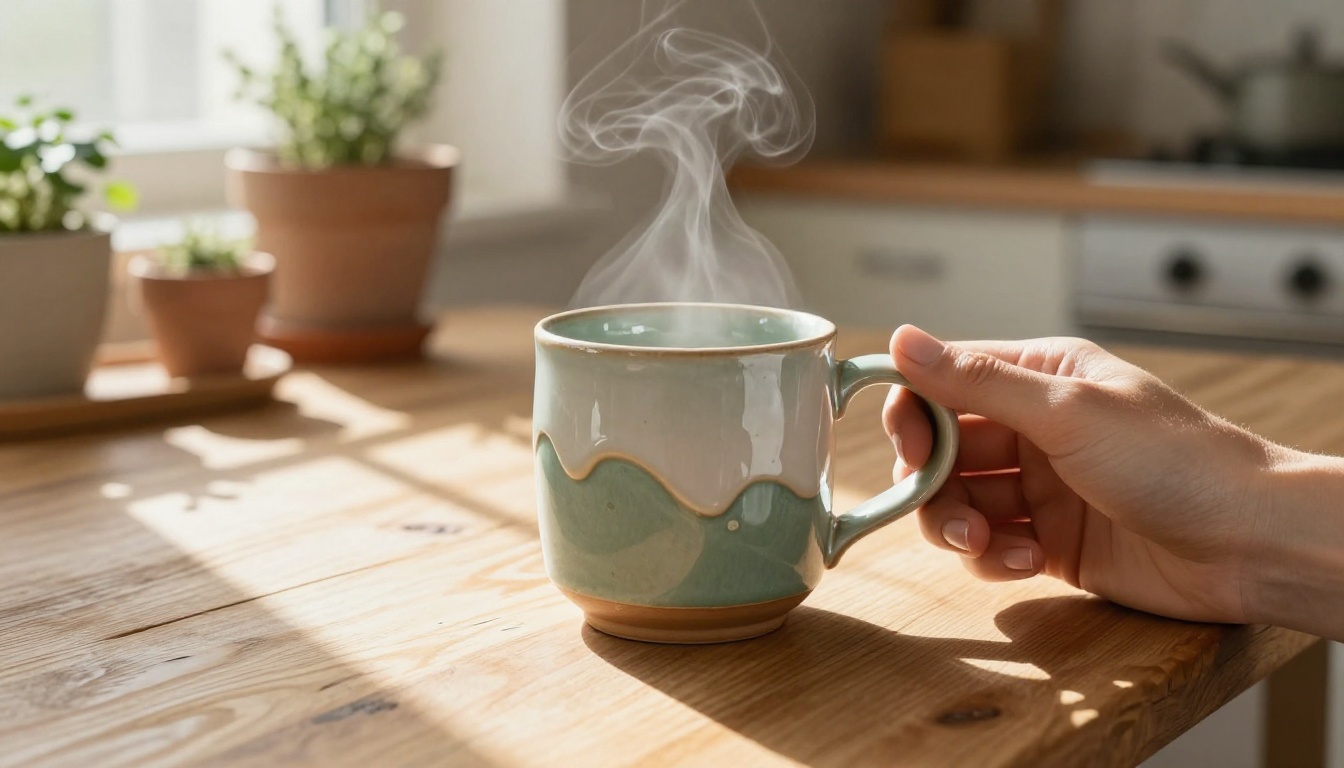 Lifestyle product photography of a handcrafted ceramic mug held in a woman's hands at a Scandinavian breakfast table with morning steam rising Lifestyle product photography of a handcrafted ceramic mug held in a woman's hands at a Scandinavian breakfast table with morning steam rising