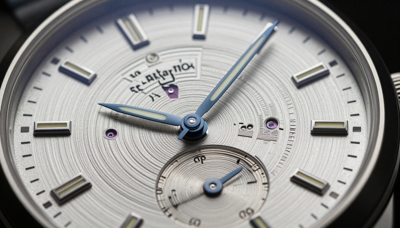 Extreme macro close-up of a luxury watch dial showing guilloche engravings, blued hands, and textured surface micro-details under raking sidelight