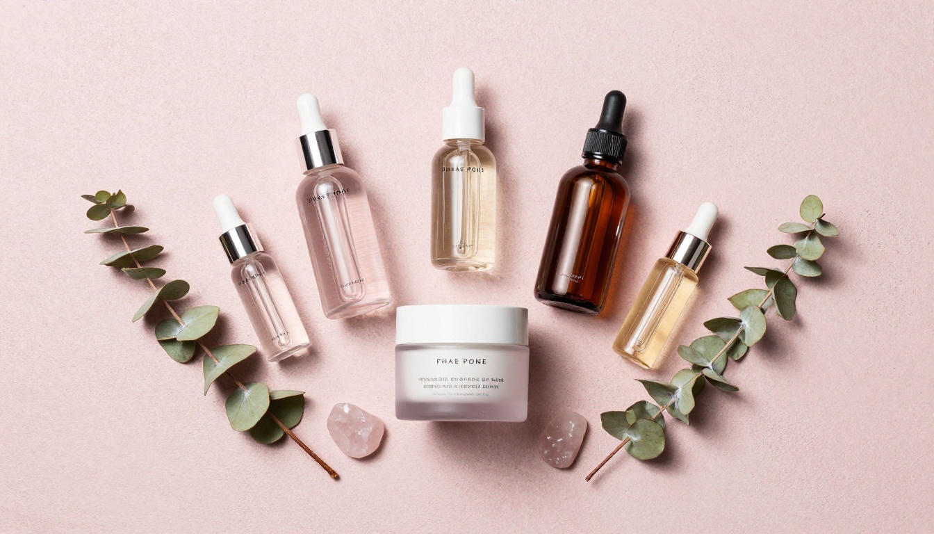 Flat lay overhead product photography of a skincare line arranged with botanical props on blush pink brushed concrete