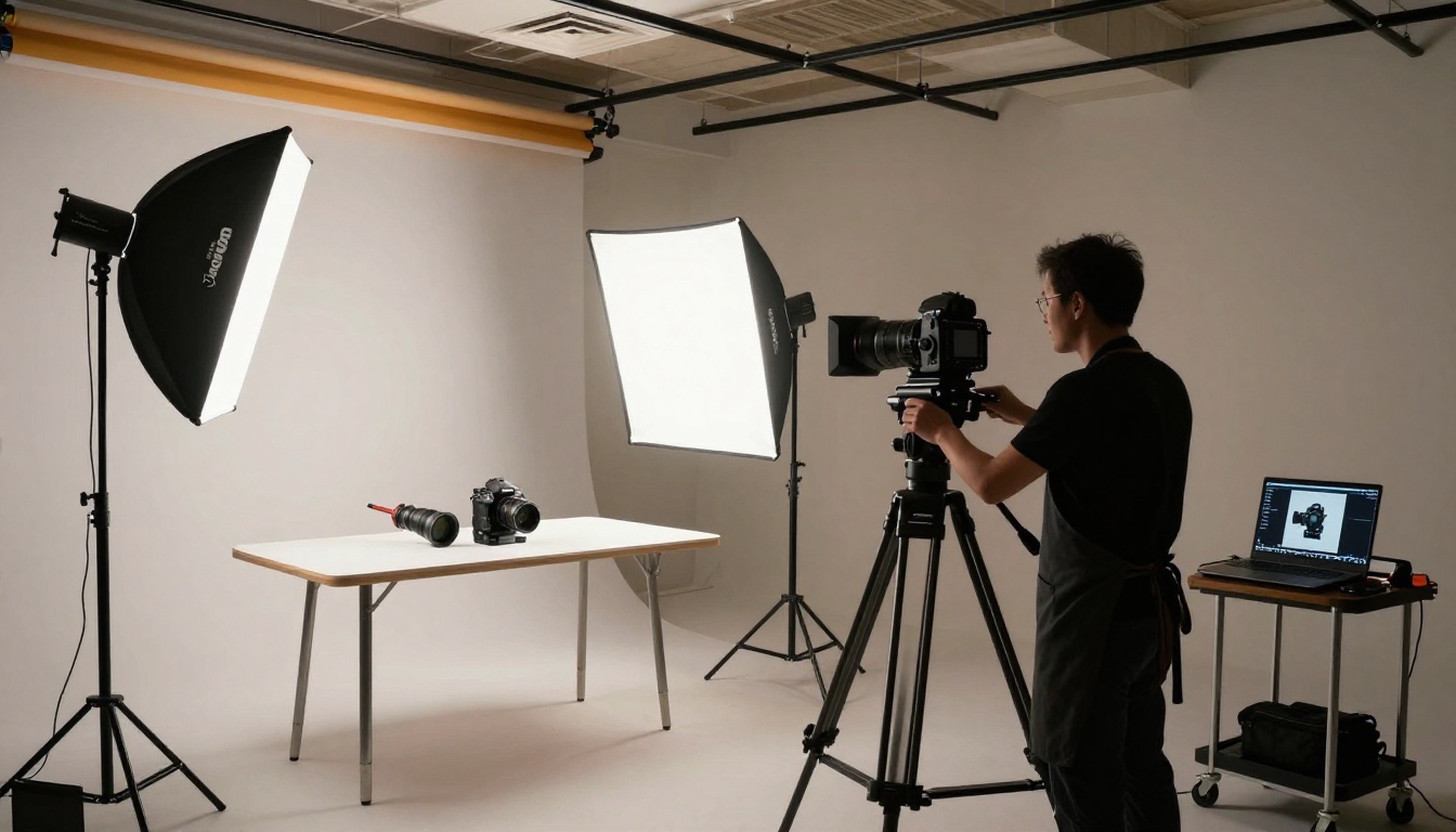 Professional product photography studio setup showing cameras, lighting rigs and a live-preview tethered laptop