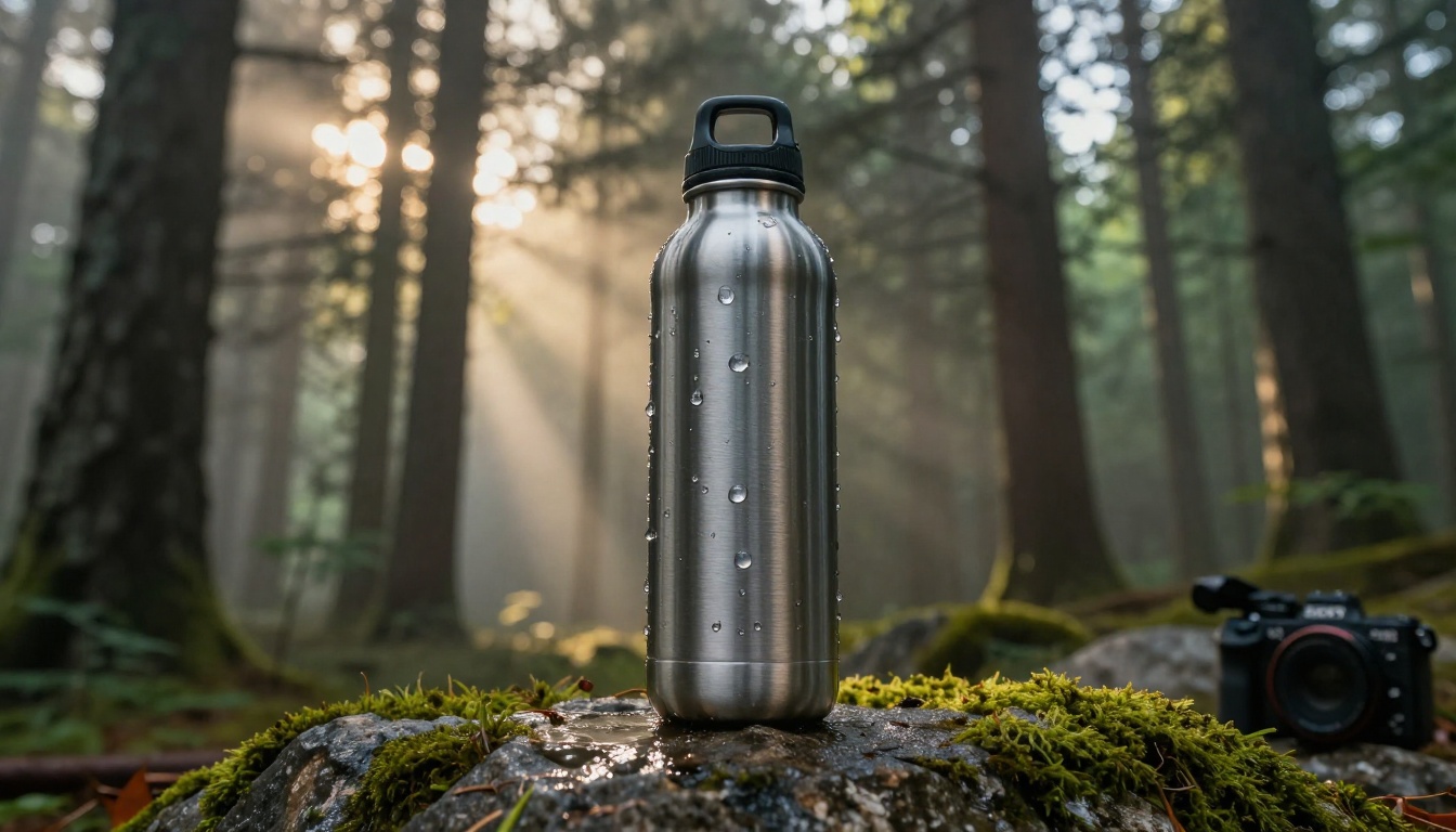 Dramatic hero shot of a stainless steel water bottle on wet mossy granite in a dawn forest with volumetric light rays through mist