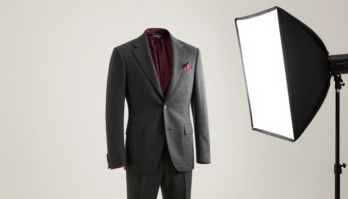 Ghost mannequin fashion product photography of a structured charcoal wool blazer showing interior burgundy silk lining and fine pick-stitch detail Ghost mannequin fashion product photography of a structured charcoal wool blazer showing interior burgundy silk lining and fine pick-stitch detail