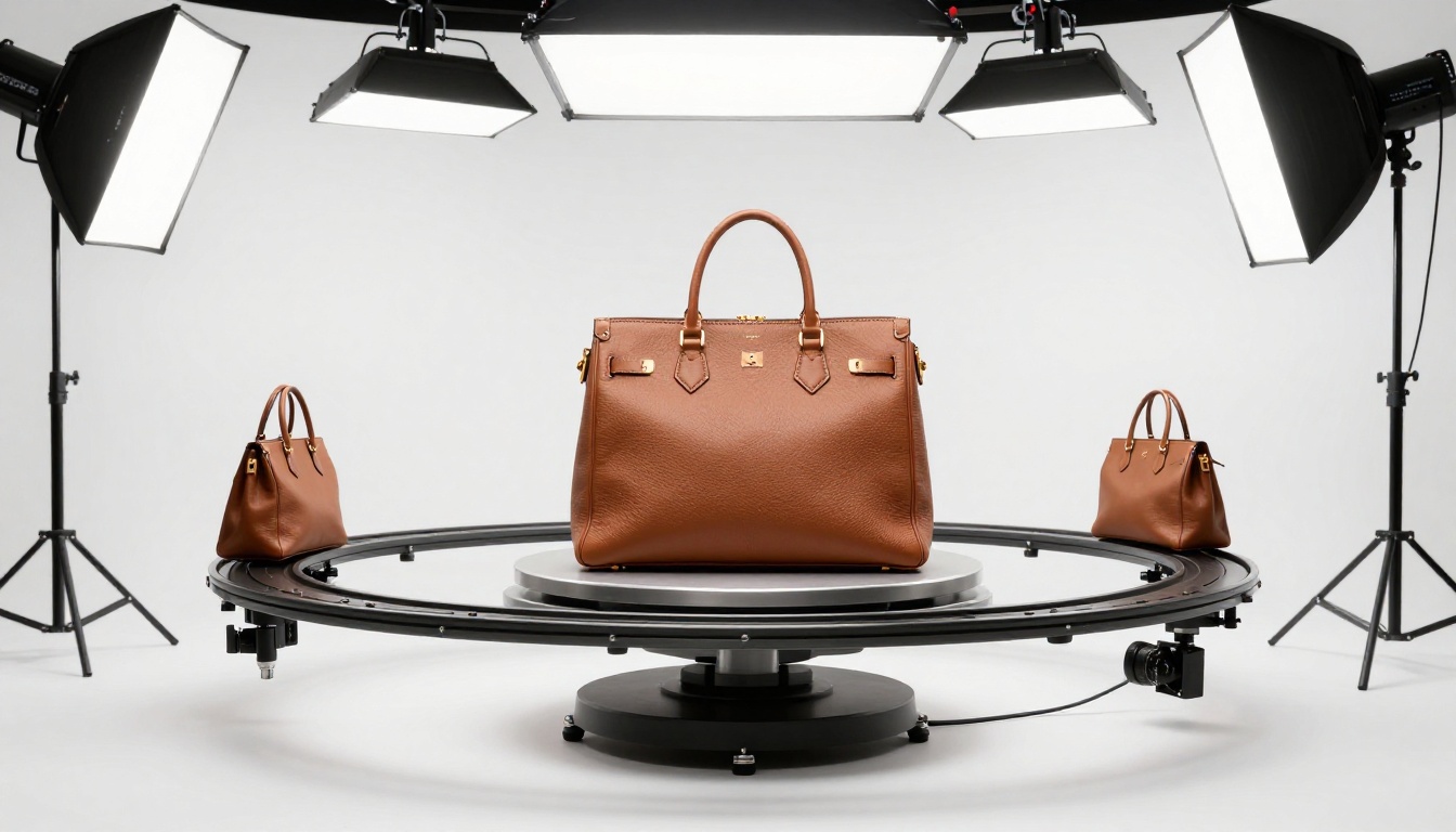 360-degree product photography turntable rig in a white cyclorama studio photographing a cognac leather handbag with multiple cameras on a curved rail 360-degree product photography turntable rig in a white cyclorama studio photographing a cognac leather handbag with multiple cameras on a curved rail