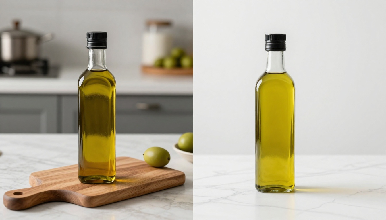 Before and after AI background replacement product photography with olive oil bottle and cutting board showing dramatic quality improvement Before and after AI background replacement product photography with olive oil bottle and cutting board showing dramatic quality improvement