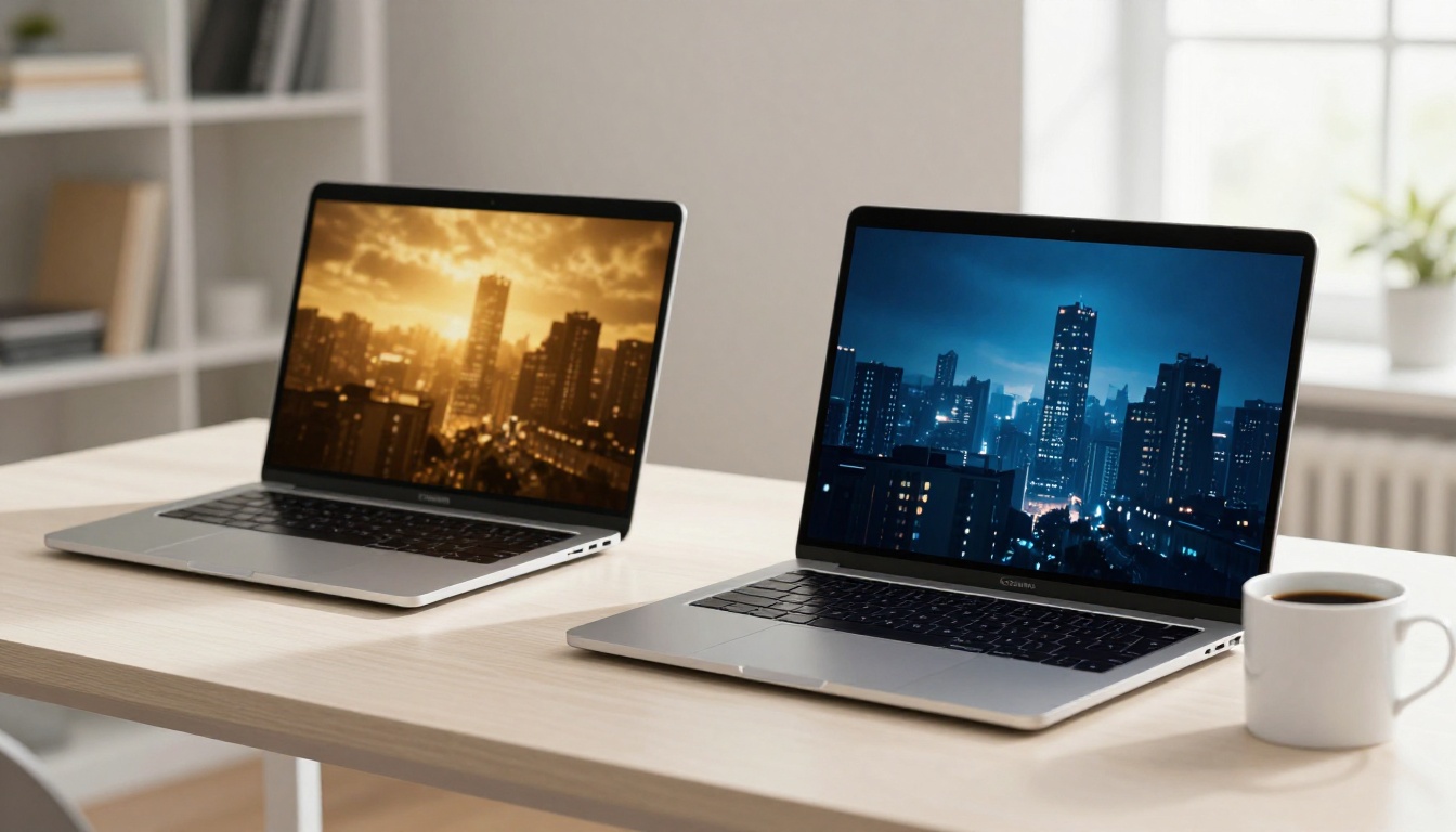Side-by-side laptops on a desk showing cinematic AI video output frames