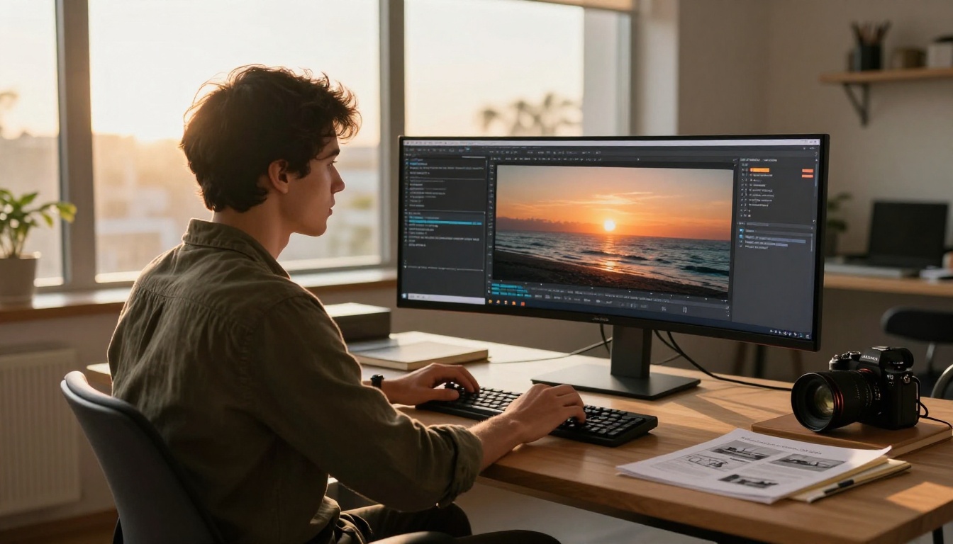 A filmmaker typing prompts at a sunlit desk with video thumbnails on the monitor