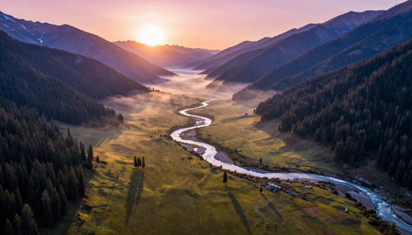 Aerial drone shot of a mountain valley at golden sunrise with morning mist filling the valley floor