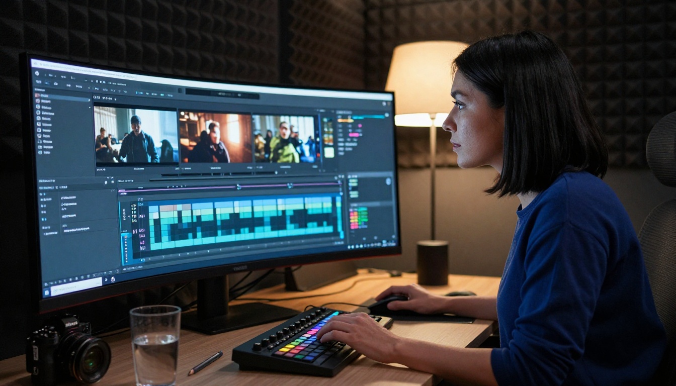 A female video editor reviewing footage on a curved widescreen monitor in a dark post-production studio A female video editor reviewing footage on a curved widescreen monitor in a dark post-production studio
